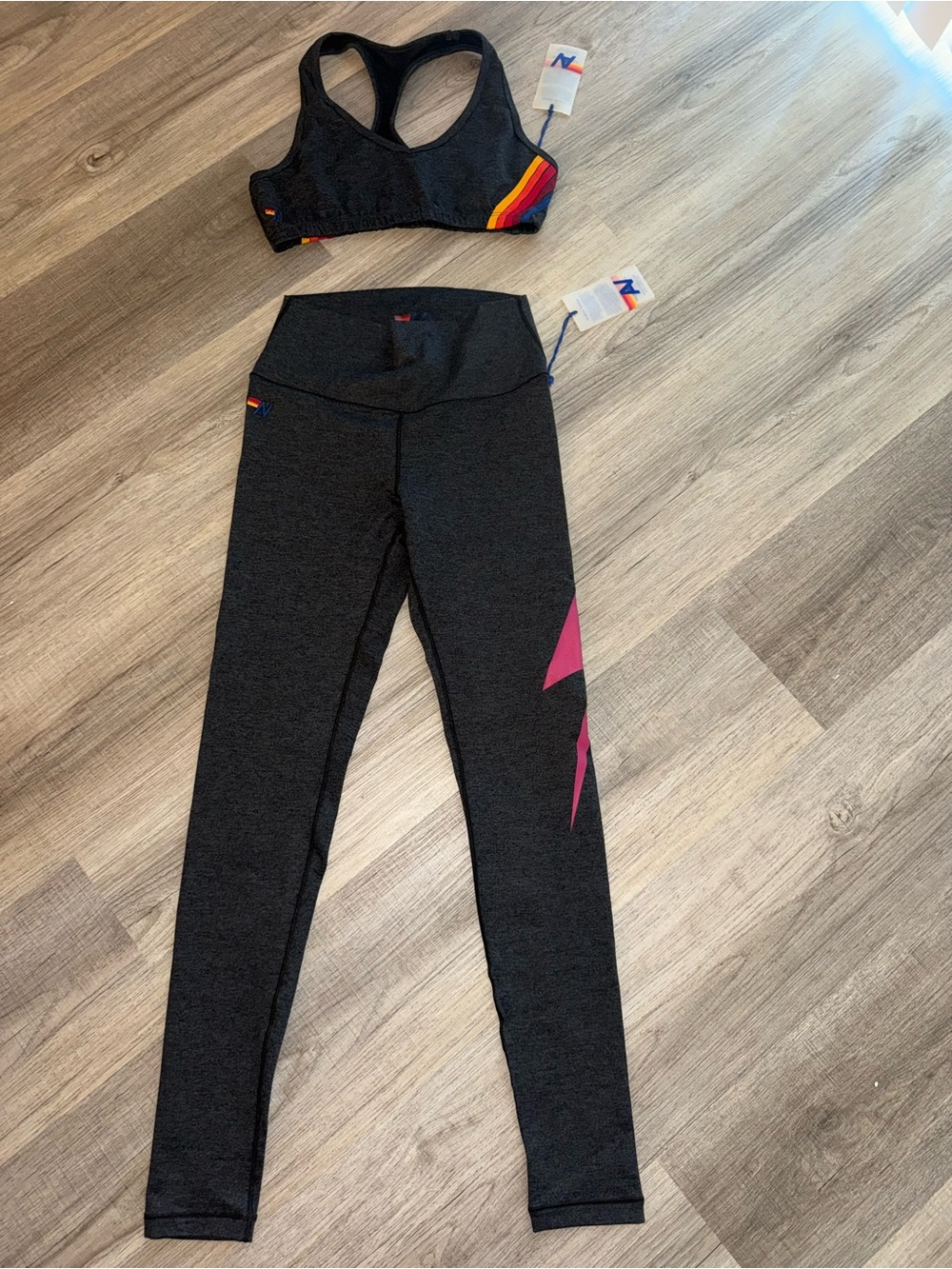 Aviator Nation Black Leggings with Pink & Rainbow Stripe Accents
